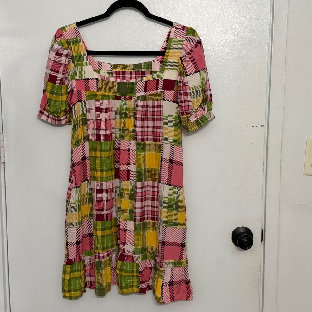 Y2K Coquette Babydoll Plaid Puff Sleeve Mini Dress Whimsical Patchwork Sz Small